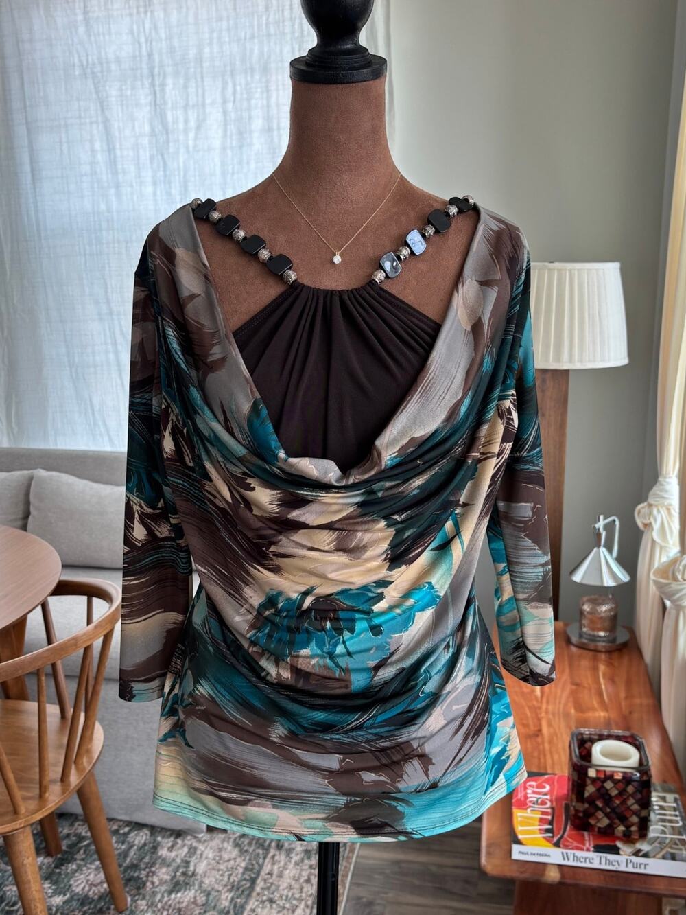 Y2K Vintage Dressbarn Abstract Beaded Top Draped Cowl Neck Boho Whimsy Small